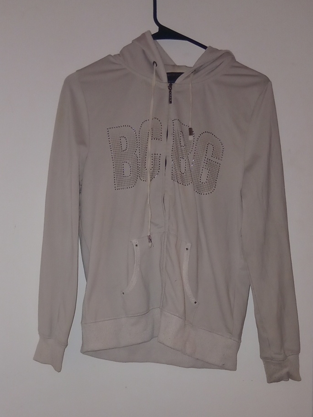 vintage Y2K Light Cream hoodie BCBG Max Azria featuring a sparkly rhinestones